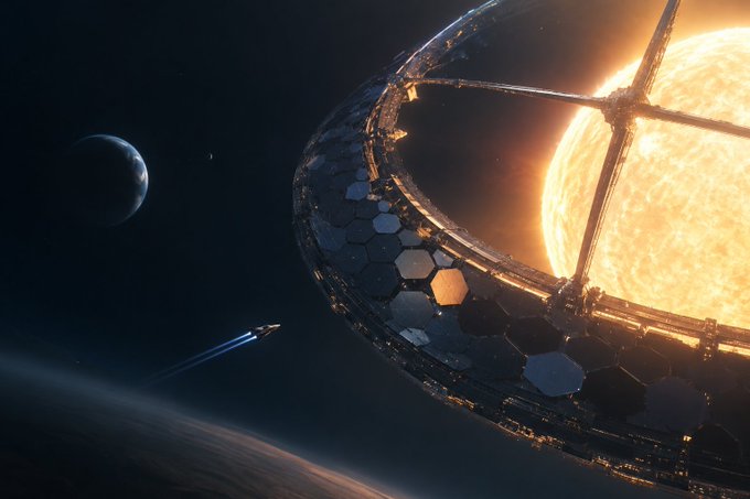 A sci-fi illustration of a large space station with hexagonal panels orbiting a sun, with a spaceship flying nearby and a moon visible in the distance.