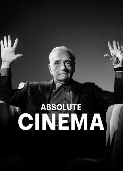 A black and white poster of Martin Scorsese with his hands raised, with bold text reading 'ABSOLUTE CINEMA'.