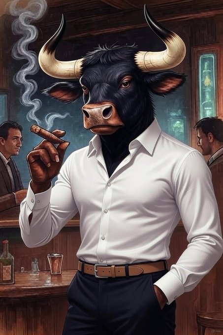 An illustrated anthropomorphic black bull wearing a white button-down shirt and black trousers holds a smoking cigar in a dimly lit bar setting.