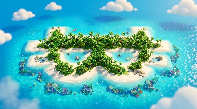 The image features a tropical island with palm trees and other vegetation scattered across its surface. The island appears to be made of small islands or reefs, giving it a unique appearance. In the background, there are clouds floating above the ocean, adding depth and atmosphere to the scene. The caption "GM Legends! Push harder, earn bigger." is written in white text at the bottom right corner of the image.