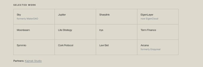 A 'SELECTED WORK' portfolio list featuring crypto/web3 projects including Sky (formerly MakerDAO), Jupiter, Sharplink, EigenLayer, Moonbeam, L3e Strategy, Inys, Term Finance, Symmio, Cork Protocol, Levr Bet, and Arkana (formerly Empyreal), with Kajmak Studio as partners.