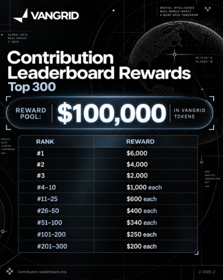 A VANGRID 'Contribution Leaderboard Rewards' graphic displaying a $100,000 reward pool in VANGRID tokens, with top prizes of $6,000 for rank #1 down to $200 for ranks #201-300.