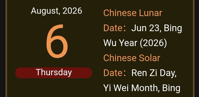 The image displays a calendar entry for Thursday, August 6, 2026, showing the Chinese Lunar Date as Jun 23, Bing Wu Year (2026) and Chinese Solar Date as Ren Zi Day, Yi Wei Month, Bing. The "#XRP" hashtag suggests a connection to cryptocurrency, possibly indicating a notable date for XRP holders or traders in the Chinese calendar system.