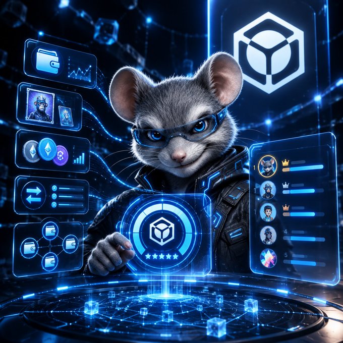A digital illustration of a cat wearing futuristic goggles and a leather jacket, surrounded by glowing blue holographic NFT and crypto interfaces.