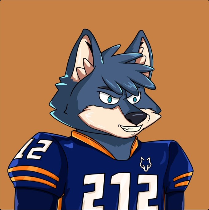 An anthropomorphic wolf character wearing a blue and orange sports jersey with the number '212' and a wolf logo, depicted in a cartoon illustration style.