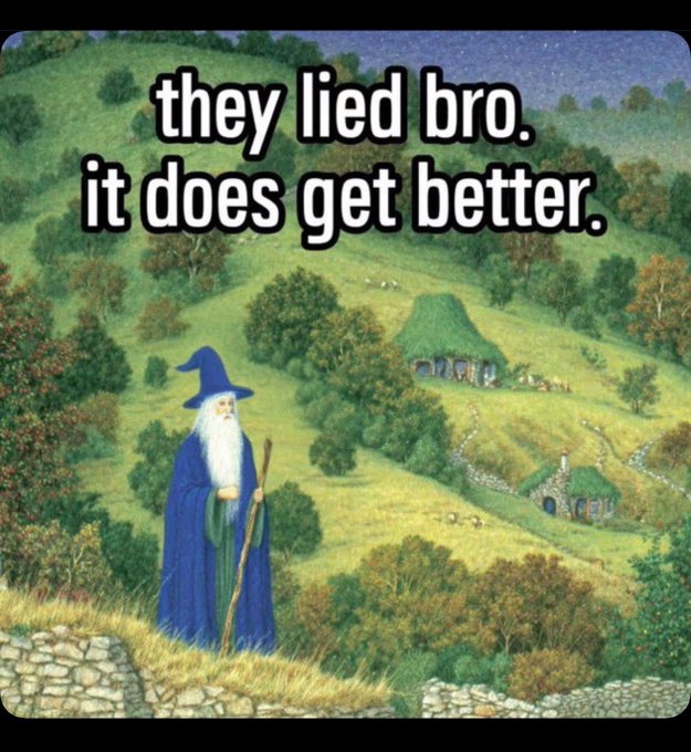 A wizard stands in a pastoral, Tolkien-esque landscape with green rolling hills and hobbit-like houses, accompanied by the text "they lied bro. it does get better." The image relates to the post's "happy new month" message by humorously contrasting the hopeful "it gets better" sentiment with a cynical twist suggesting new beginnings don't necessarily bring improvement.