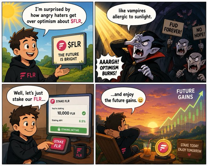 A four-panel comic featuring an enthusiastic $FLR supporter who notes that "haters get over optimism about $FLR" react "like vampires allergic to sunlight," before staking 10,000 FLR at a 6.5% APY to "enjoy the future gains" alongside signs reading "FUD FOREVER," "NO HOPE," and "STAKE TODAY ENJOY TOMORROW." The cartoon playfully promotes staking optimism for the Flare Networks ($FLR) token by contrasting bright bullish imagery with gloomy pessimists.