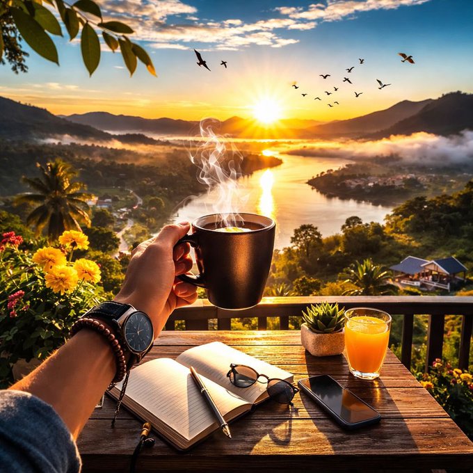 The image shows a person holding a black coffee cup with a warm beverage inside, sitting at an outdoor table overlooking a beautiful view of water and mountains. The scene also includes a notebook, a pen, a cell phone, and some potted plants nearby. The photo is related to a post about GM CT Mid season check in @RiverdotInc Season 5 being moving nicely. Staking participation is growing, satUSD is driving real activity, and the community remains active.