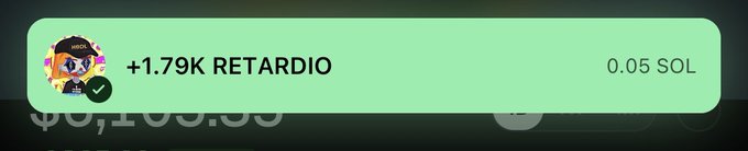 A green notification banner shows a transaction of +1.79K RETARDIO purchased for 0.05 SOL.