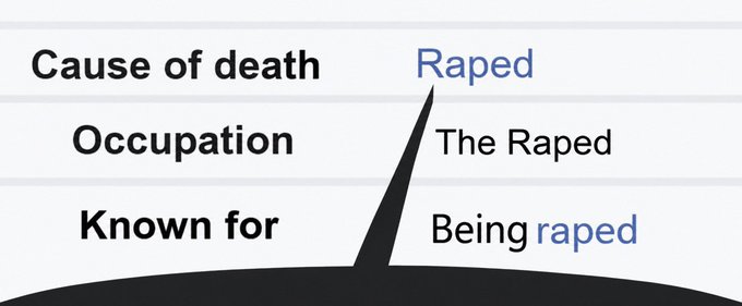 A mock Wikipedia-style infobox humorously lists the cause of death as 'Raped,' occupation as 'The Raped,' and known for as 'Being raped.'