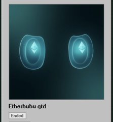 The image displays "EtherBubu gtd" with an "Ended" status badge, indicating a guaranteed NFT drop that has concluded. This corresponds to the user's excitement about winning a guaranteed spot for @EtherBubu by simply holding their @dollclubnft, highlighting the successful conclusion of the promotional event.