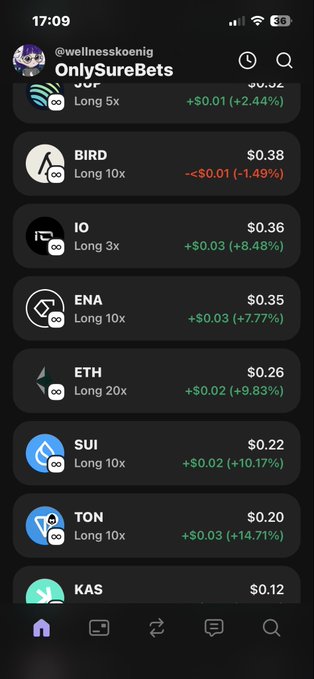 In the image, there's a screenshot of a cell phone screen that displays various trading app icons for stocks such as ION, KAS, TON, etc., along with their respective stock prices. The image also includes a text box, which reads "Only SureBets" and "Long 10x", providing additional context about the app features. The main focus of this screenshot is on how these apps are used to keep track of different stocks' performance and prices in real-time.