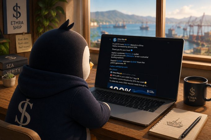 A penguin character in a hoodie sitting at a desk looking at a laptop displaying 'Ethra Ship' social media posts, with an 'ETHRA SHIP' mug, a notebook, and a window showing a harbor view in the background.