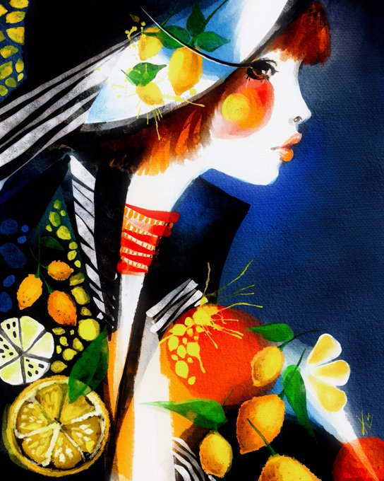 A vibrant, colorful painting of a woman in profile wearing a large hat, surrounded by illustrated lemons, leaves, and citrus fruits against a dark blue background.