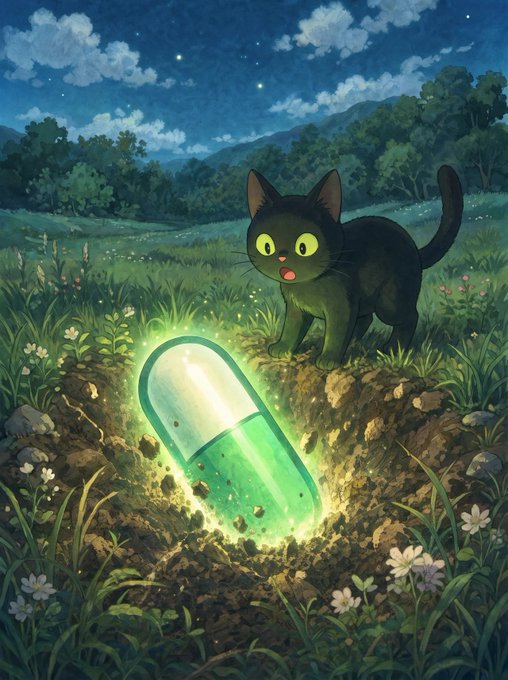 An illustration of a startled black cat with wide yellow eyes standing in a grassy field at night, looking at a glowing green capsule partially buried in the dirt.