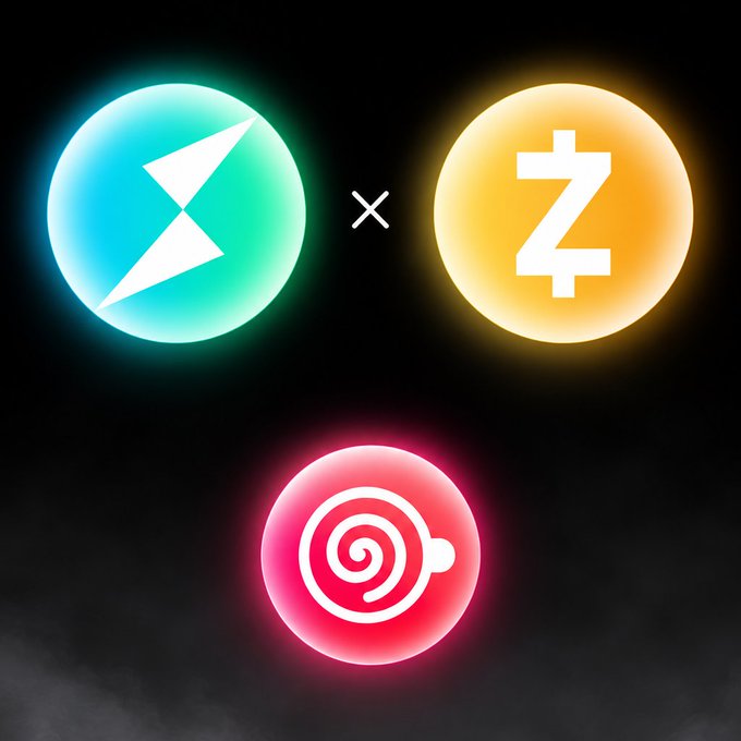 An image displaying the logos of three cryptocurrencies: a green Komodo (KMD) symbol, a yellow Zcash (ZEC) symbol, and a pink ZCoin symbol on a dark background.