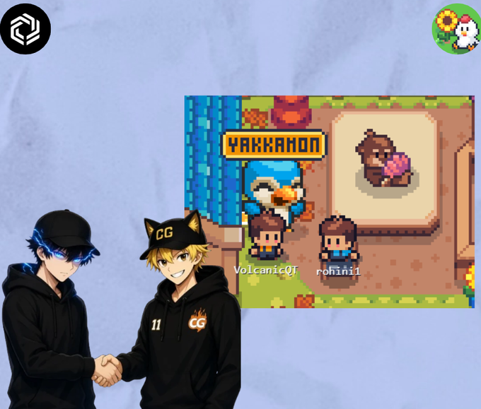 An illustration of two anime-style characters shaking hands—one with blue hair and a black cap, the other with blonde hair and cat ears wearing a 'CG' hoodie—next to a screenshot of a pixel art game scene featuring a 'YAKKAHON' sign and characters 'VolcanicOT' and 'rohini1'.