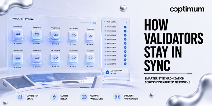 A marketing graphic titled 'How Validators Stay in Sync' by 'Optimum', showing a laptop displaying a validator network dashboard with 10 synced validators and icons highlighting 'Consistent State', 'Lower Delay', 'Global Validators', and 'Efficient Propagation'.