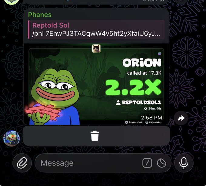 The image shows a message box with a cartoon frog character, which appears to be a meme or gif from someone named Orion. The text of the message reads "2.2x gain on my call #ORION 7EnwPJ3TACqwW4v5ht2yXfaiU6yJ35RKpu93wakTpump #Solanamecoin #Solana #Earlyalphacalls #Memecoin". The post is about Orion, a character from the popular meme website Memes.