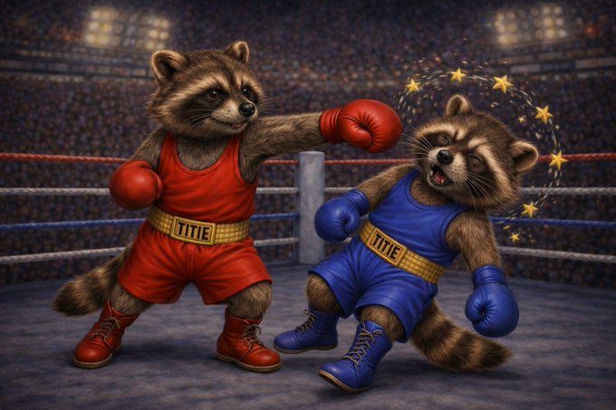 Two raccoons wearing red and blue 'TITLE' boxing shorts and gloves in a boxing ring, with the one in red throwing a punch at the dazed one in blue.