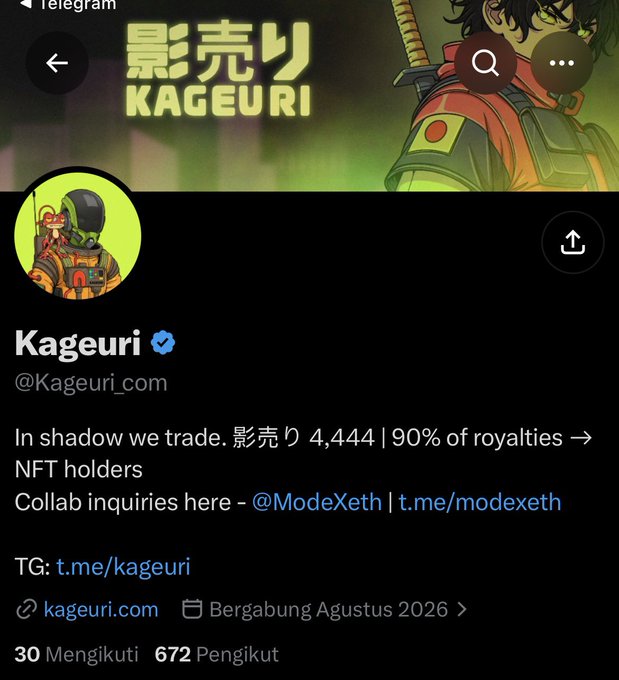 A Twitter/X profile page for "Kageuri" (@Kageuri_com) featuring a green-hooded ninja anime character, displaying the handle, bio text mentioning "In shadow we trade. 影売り 4,444 | 90% of royalties → NFT holders," and stats of 30 Following and 672 Followers, which aligns with the accompanying post about the 4,444 supply Kageuri NFT collection launching on Robinhood Chain.