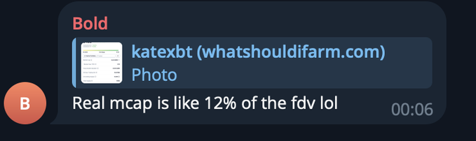A Telegram message from "katexbt (whatshouldifarm.com)" sharing a photo with the text "Real mcap is like 12% of the fdv lol," emphasizing the gap between market cap and fully diluted valuation—a point that supports the post's skepticism about the token's inflated 30x valuation.