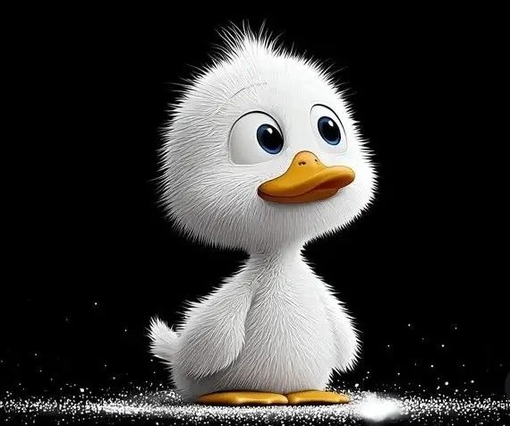 The image features a cute white duck with yellow beak, standing on its hind legs against a black background. The duck appears to be looking at something or someone off-camera, giving it an attentive and curious expression. The image has a simple yet engaging composition that draws attention to the duck's features and expressions.