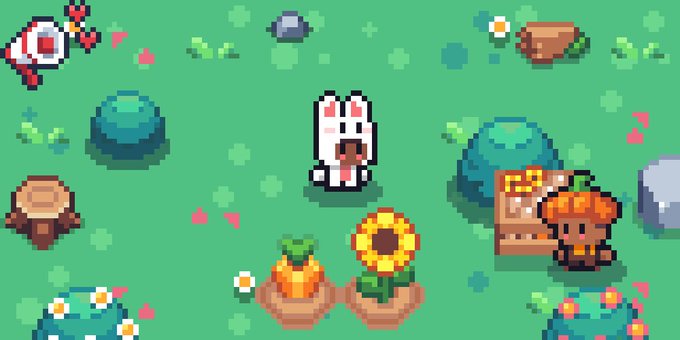 A pixel art farm scene featuring a white rabbit character surrounded by various crops, flowers, rocks, a tree stump, and a scarecrow on a green field, perfectly matching the Sunflower Land farm theme.