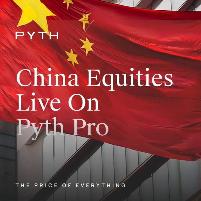 A red Chinese flag billows against a backdrop of modern architecture, overlaid with the text "PYTH China Equities Live On Pyth Pro" and the tagline "The Price of Everything."

The image visually anchors Pyth's expansion into mainland Chinese markets—symbolized by the national flag—with the announcement highlighting newly available chipmakers like Cambricon and CXMT on the Pyth Pro platform.