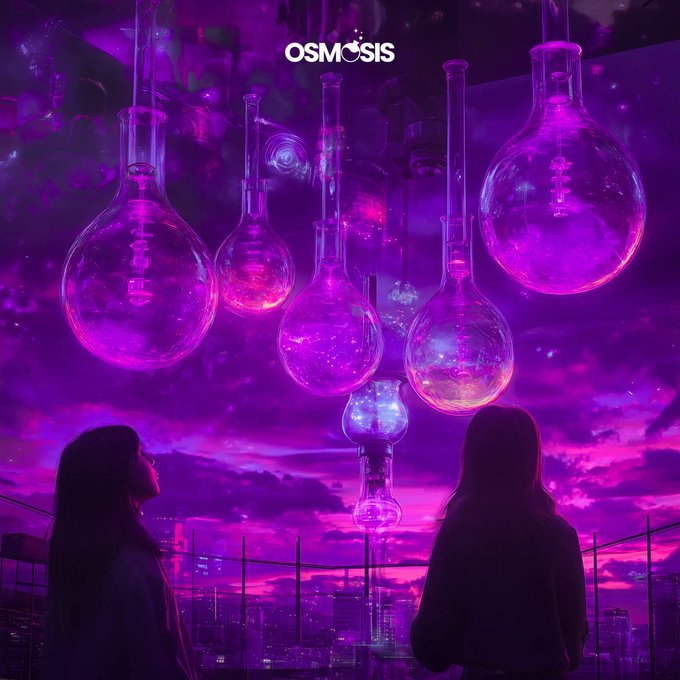The image features two people standing next to each other, looking up at a display of glass beakers suspended from the ceiling by wires. The scene takes place against a backdrop of a city skyline with buildings visible through the windows. The caption above the image reads "OSMOSIS", which is likely related to the glass beakers or the event taking place in the room.