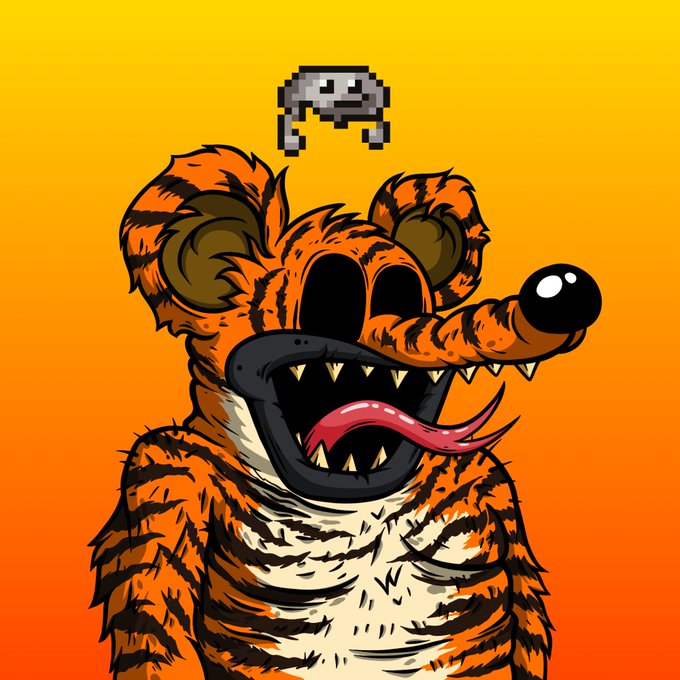 A stylized cartoon illustration of a crazed, anthropomorphic orange-and-black striped tiger character with a wide, toothy grin and pink tongue, with a small silver fish-like emblem floating above its head on an orange gradient background.