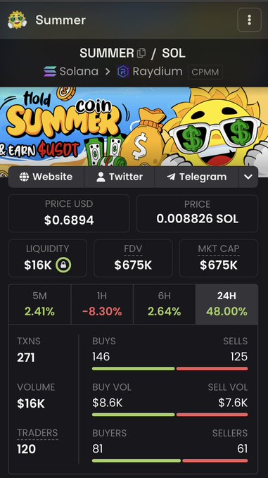 A crypto tracking app displays metrics for the "Summer" (SUMMER) token on the Solana blockchain via Raydium CPMM, showing a current price of $0.6894 (0.008826 SOL), $675K FDV, $16K liquidity, and a notable 48.00% surge in the 24H timeframe with 271 transactions. The bold 24-hour price gain shown in the dashboard visually supports the post's claim of SUMMER's emerging momentum and potential launch-and-pullback market structure pattern.