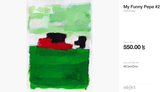 An NFT listing on 'objkt' titled 'My Funny Pepe #2' by Zed Erwan, sold for 550.00 tz and collected by @CemDrin.