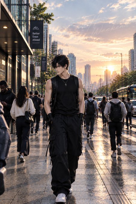 An anime-style illustration of a young man with black hair wearing a black tank top, cargo pants, and white sneakers walking down a wet urban street at sunset, surrounded by other pedestrians.