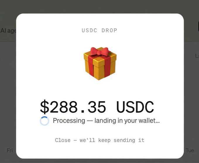 A notification screen displays a "USDC DROP" with a gift box emoji, showing $288.35 USDC being processed and "landing in your wallet," alongside the text "Close – we'll keep sending it." The image visually reinforces the post's claim of a free USDC reward for AI users, appearing to show a payout from the paybox.sh site mentioned in the caption.