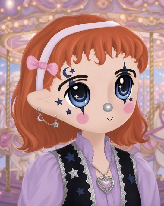 An anime-style illustration of a girl with orange hair, a pink bow headband, star makeup around her large blue eyes, pearl nose stud, and a heart pendant necklace, set against a carousel background.