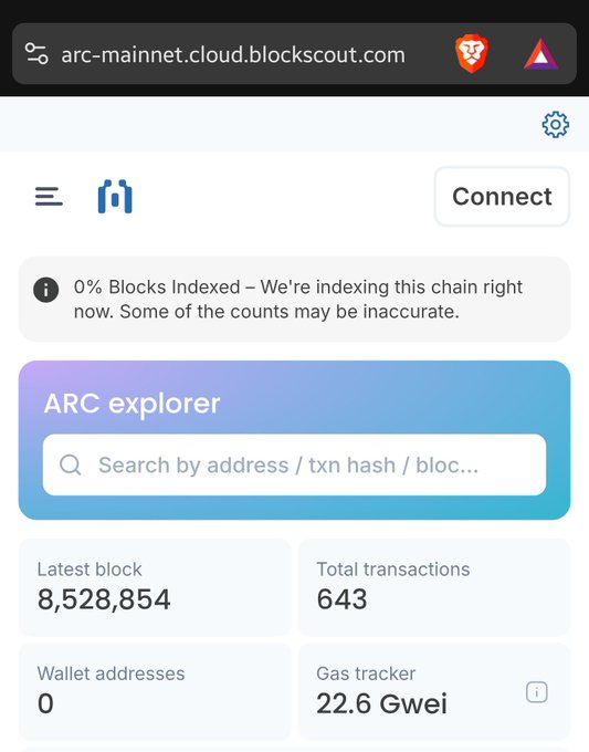 The image shows a screenshot of the Arc blockchain explorer at arc-mainnet.cloud.blockscout.com displaying block 8,528,854 with a "0% Blocks Indexed" message, suggesting the Arc Mainnet has just launched and indexing is in progress—supporting the post's claim that Arc Mainnet is imminent.