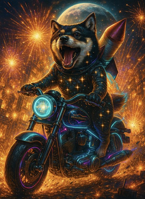 The image features a black and white dog wearing a helmet, riding a motorcycle with a rocket attached to its back. The background of the image shows fireworks exploding against the night sky. The caption for this image reads "Just hit up MANYU Simple vibes, big energy. This market will eventually turn around and I will be ready for it."