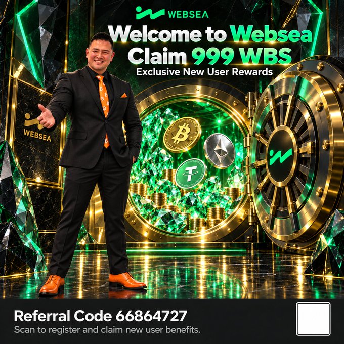 A promotional advertisement featuring a man in a suit beside an open vault filled with green gems, Bitcoin, Ethereum, and Tether coins, offering "Welcome to Websea" with text reading "Claim 999 WBS Exclusive New User Rewards" and "Referral Code 6686472."