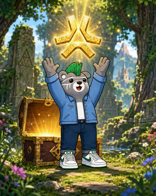 An animated raccoon character in a denim jacket stands triumphantly before an open treasure chest, holding aloft a glowing golden rune symbol in a lush, mythical landscape, symbolizing the excitement and confidence behind the post about the @DailaX team call.