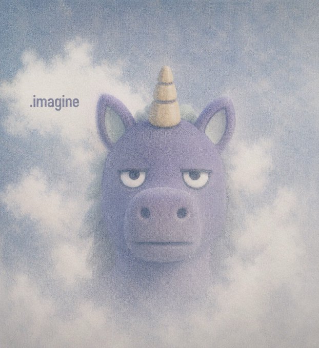 A purple unicorn with a tired, unimpressed expression peers out from behind fluffy clouds, with the word ".imagine" floating beside its head. The dreamlike, ethereal image pairs with the post's call to imagine how $TX could transform traditionally off-chain assets like real estate, agriculture, and commodities by bringing them onchain.