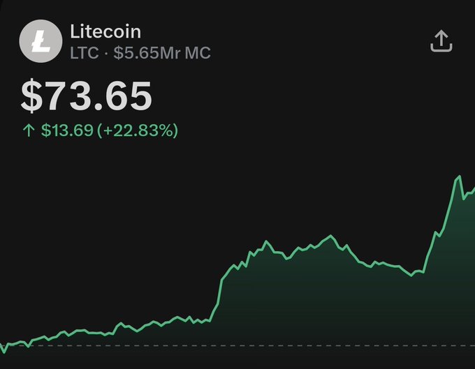 A cryptocurrency price chart for Litecoin (LTC) showing a price of $73.65, up $13.69 (+22.83%), with a market cap of $5.65M, and a green upward-trending line graph.