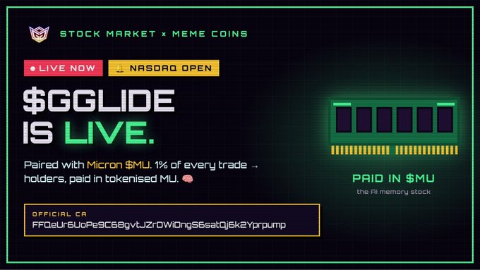 Promotional graphic announcing the launch of $GGLIDE, described as "STOCK MARKET x MEME COINS," featuring "LIVE NOW" and "NASDAQ OPEN" tags, pairing the token with Micron ($MU) to pay holders 1% of trades in tokenised $MU, with an official contract address (CA: FFQeUr6UoPe9C68gvtJZrDWiDngS6satQj6k2Yprpump) and an image of a RAM stick labeled "PAID IN $MU."