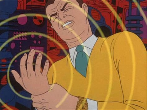 An animated man in a yellow sweater and green tie grimaces while glowing yellow energy rings swirl around his straining hand, as if resisting a powerful force or temptation. The image humorously captures the painful internal struggle of being tempted to trade solid BTC holdings for speculative altcoins.
