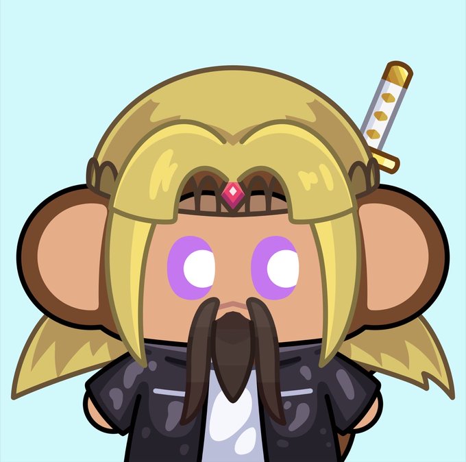 A cute cartoon illustration of a monkey-like character with blonde hair, a small sword tucked behind its ear, purple eyes, and a brown beard, wearing a dark jacket.