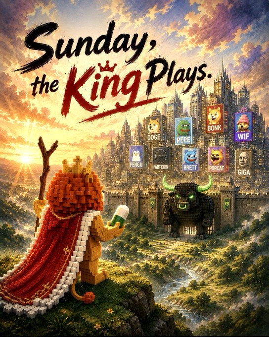 A fantasy promotional image titled 'Sunday, the King Plays' features a Lego-style lion king character holding a staff before a castle adorned with meme coin logos including DOGE, PEPE, BONK, WIF, PENGU, FARTCOIN, BRETT, POPCAT, and GIGA.