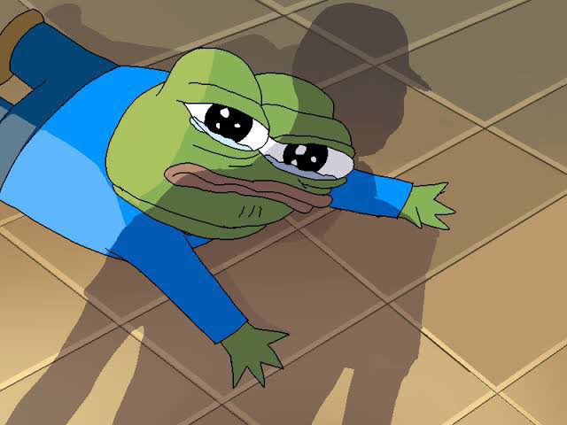 A digital illustration of a sad-looking Pepe the Frog meme character lying flat on a tiled floor in a blue shirt.