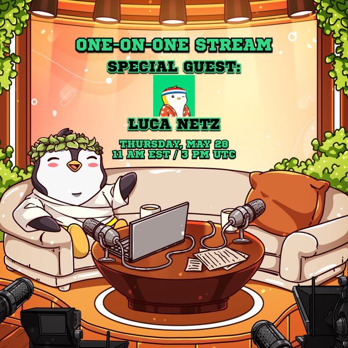 The image features a cartoon penguin sitting on top of a couch with a laptop computer placed next to him. The background shows a green wall, which appears to be part of an event or gathering. A microphone can also be seen near the bottom right corner of the image. The text in the image suggests that there is going to be a special guest named @LucaNetz on a one-on-one stream at 11 AM EST (X & Twitch).