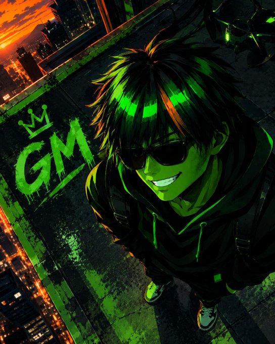 An anime-style digital illustration of a character with green-highlighted spiky black hair wearing sunglasses and a dark hoodie, standing on a rooftop at sunset with a green 'GM' (good morning) crown logo graffiti on the wall.