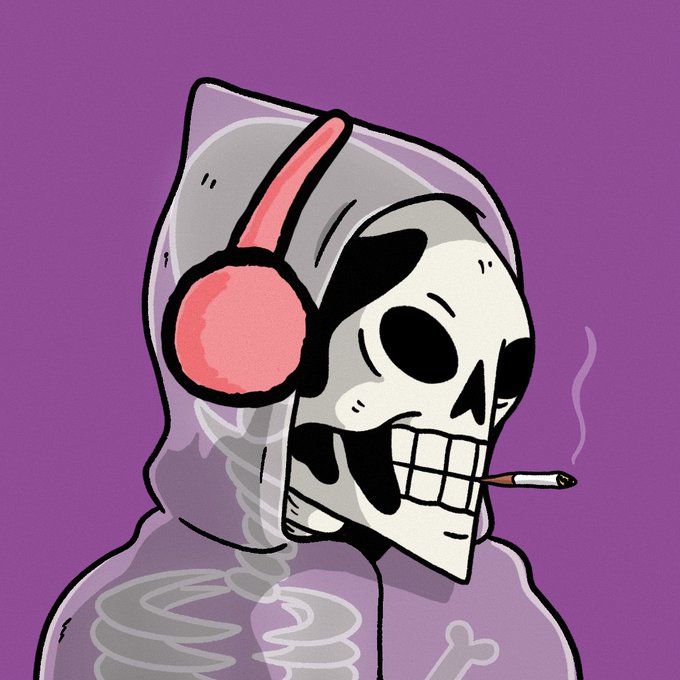 An illustration of a skeleton wearing a purple hooded cloak and pink headphones, smoking a lit cigarette against a purple background.